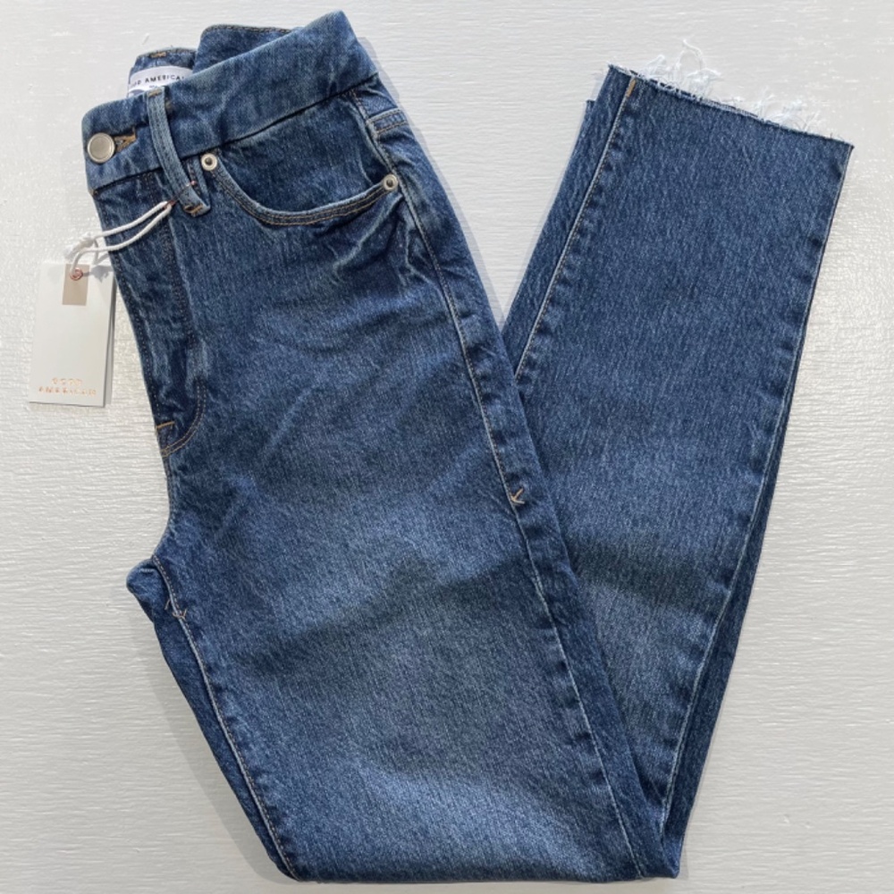 New Good American Slim Straight High Rise Raw Hem Ankle Jeans Blue Size 0 / 25 - Picture 13 of 16